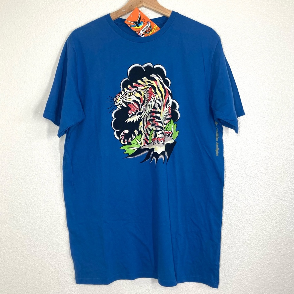 Ed Hardy Christian Audigier Tiger Tattoo Graphic T-Shirt XL Blue Y2K NWT Cotton